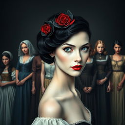 A beautiful, slender white woman with a 1940s style, featuring black hair, blue eyes, adorned with a black and red rose in her hair