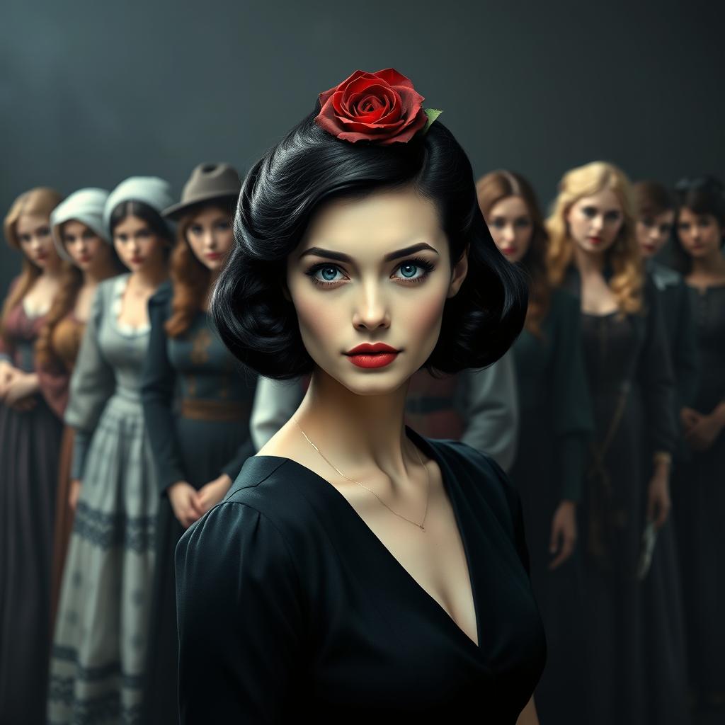 A beautiful, slender white woman with a 1940s style, featuring black hair, blue eyes, adorned with a black and red rose in her hair