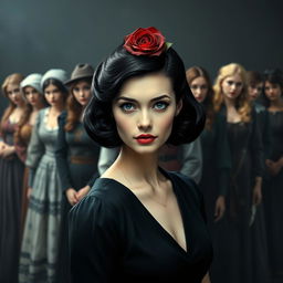 A beautiful, slender white woman with a 1940s style, featuring black hair, blue eyes, adorned with a black and red rose in her hair