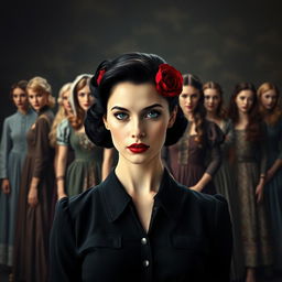 A beautiful, slender white woman with a 1940s style, featuring black hair, blue eyes, adorned with a black and red rose in her hair