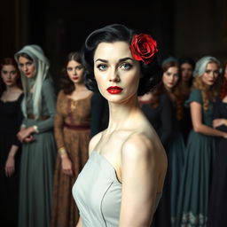 A beautiful, slender white woman with a 1940s style, featuring black hair, blue eyes, adorned with a black and red rose in her hair