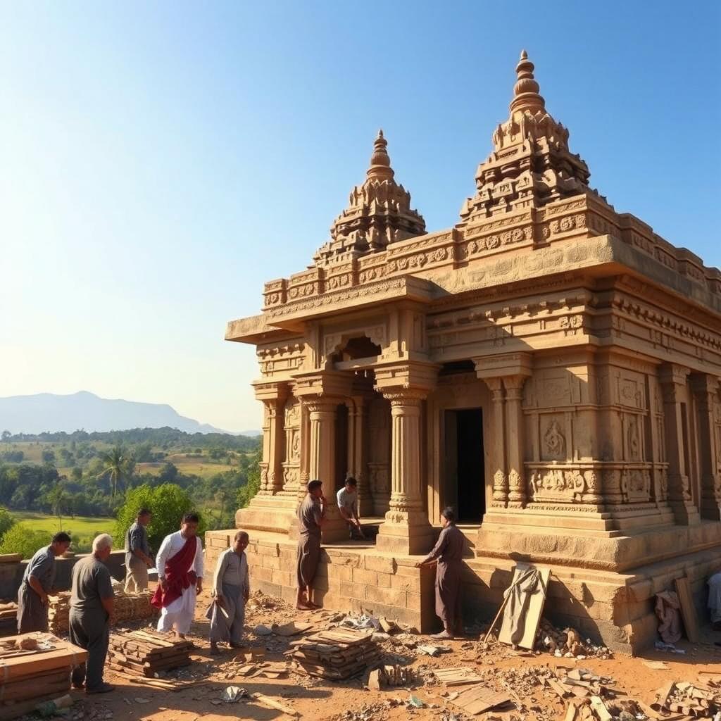 A group of people constructing a temple, featuring ancient architecture with intricate carvings