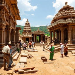 A group of people constructing a temple, featuring ancient architecture with intricate carvings