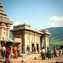 A group of people constructing a temple, featuring ancient architecture with intricate carvings