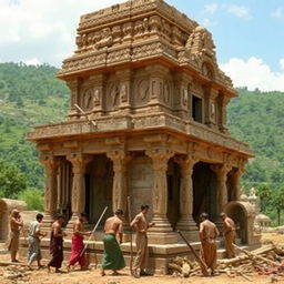 A group of people constructing a temple, featuring ancient architecture with intricate carvings