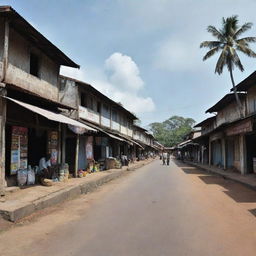 A visual representation of economic decline in the multi-racial village of Sri Valli Pura due to a lack of unity among Tamil, Sinhala, Muslim, and Christian communities, highlighted by closed shops, deserted marketplaces, and prevalent poverty.