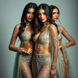 Beautiful women in seductive transparent Indian suits, showcasing intricate embroidery and shimmering embellishments