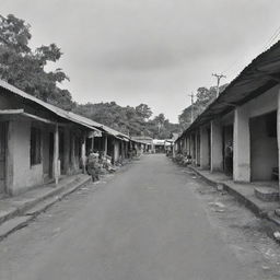 A visual representation of economic decline in the multi-racial village of Sri Valli Pura due to a lack of unity among Tamil, Sinhala, Muslim, and Christian communities, highlighted by closed shops, deserted marketplaces, and prevalent poverty.