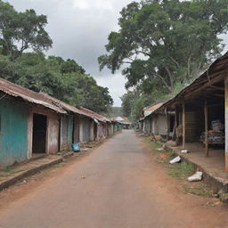 A visual representation of economic decline in the multi-racial village of Sri Valli Pura due to a lack of unity among Tamil, Sinhala, Muslim, and Christian communities, highlighted by closed shops, deserted marketplaces, and prevalent poverty.