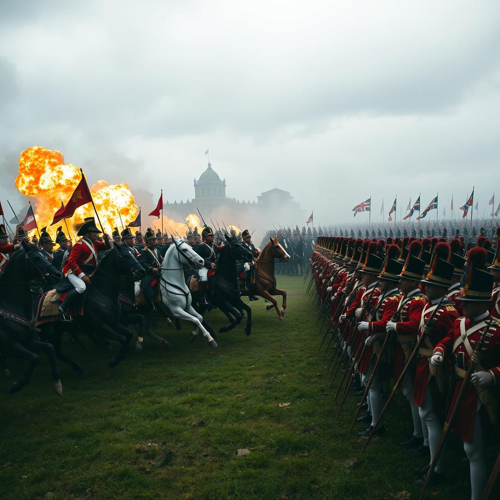 A dramatic historical scene depicting the French cavalry charging towards the steadfast British lines during the Battle of Waterloo