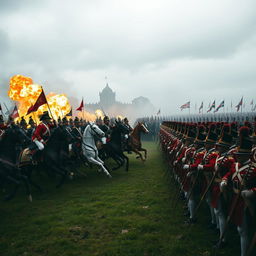 A dramatic historical scene depicting the French cavalry charging towards the steadfast British lines during the Battle of Waterloo