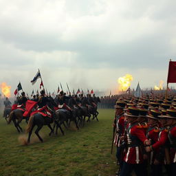 A dramatic historical scene depicting the French cavalry charging towards the steadfast British lines during the Battle of Waterloo