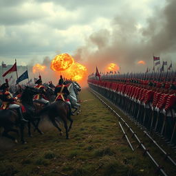 A dramatic historical scene depicting the French cavalry charging towards the steadfast British lines during the Battle of Waterloo