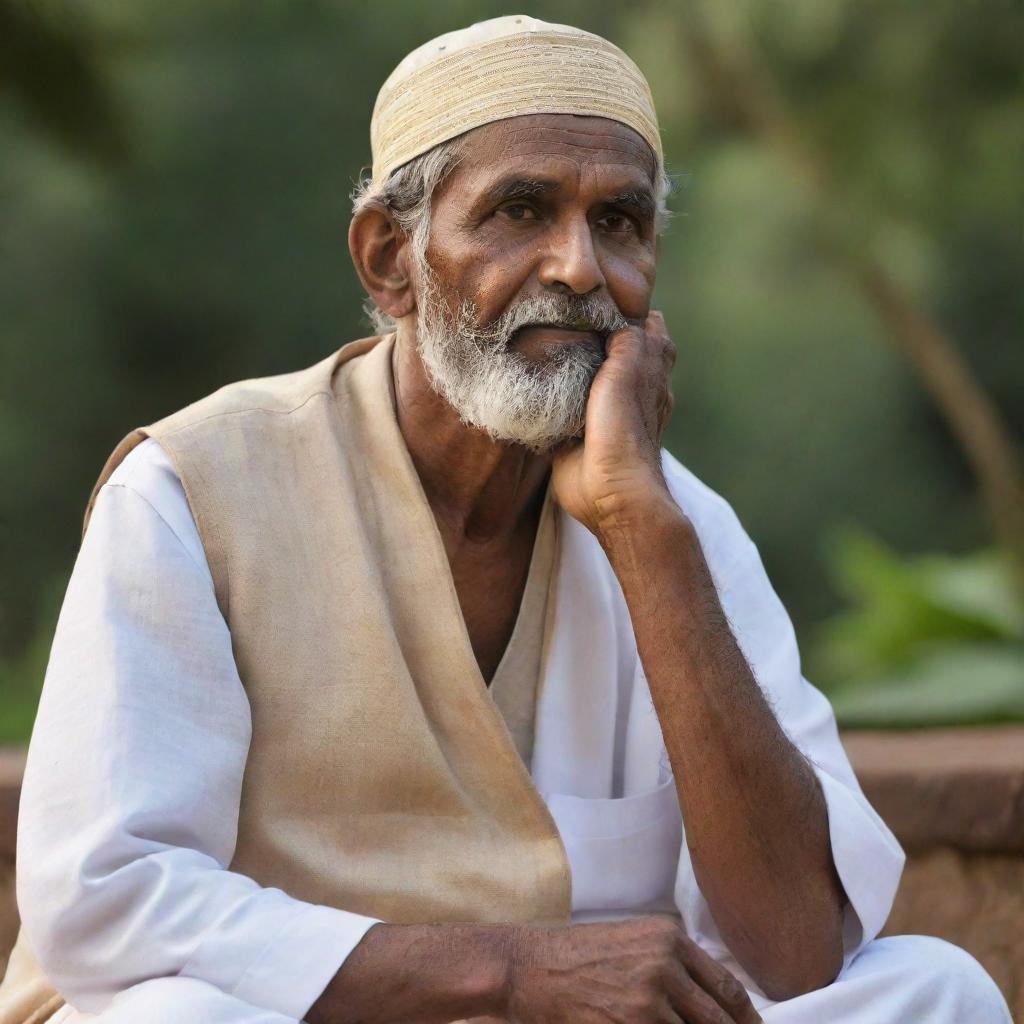 A depiction of a wise man from Sri Valli Pura, deep in thought, strategizing a plan to reunite the Tamil, Sinhala, Muslim, and Christian communities, encapsulated by a serene and hopeful atmosphere.