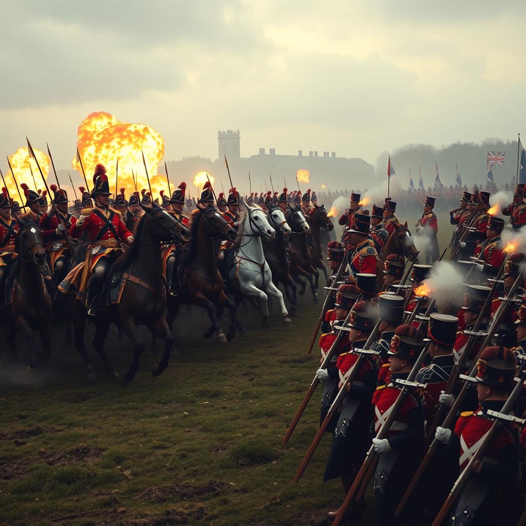 A dramatic historical scene depicting the French cavalry charging towards the steadfast British lines during the Battle of Waterloo