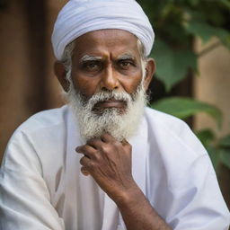 A depiction of a wise man from Sri Valli Pura, deep in thought, strategizing a plan to reunite the Tamil, Sinhala, Muslim, and Christian communities, encapsulated by a serene and hopeful atmosphere.