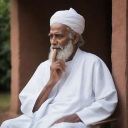 A depiction of a wise man from Sri Valli Pura, deep in thought, strategizing a plan to reunite the Tamil, Sinhala, Muslim, and Christian communities, encapsulated by a serene and hopeful atmosphere.