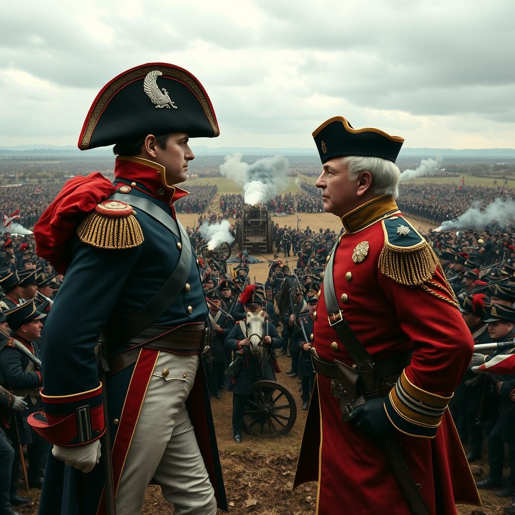 An epic scene at the Battle of Waterloo featuring Napoleon Bonaparte and Duke of Wellington in a dramatic face-off