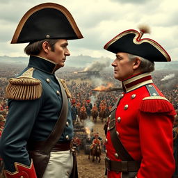 An epic scene at the Battle of Waterloo featuring Napoleon Bonaparte and Duke of Wellington in a dramatic face-off