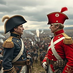 An epic scene at the Battle of Waterloo featuring Napoleon Bonaparte and Duke of Wellington in a dramatic face-off