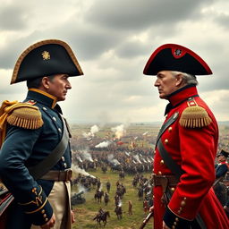 An epic scene at the Battle of Waterloo featuring Napoleon Bonaparte and Duke of Wellington in a dramatic face-off