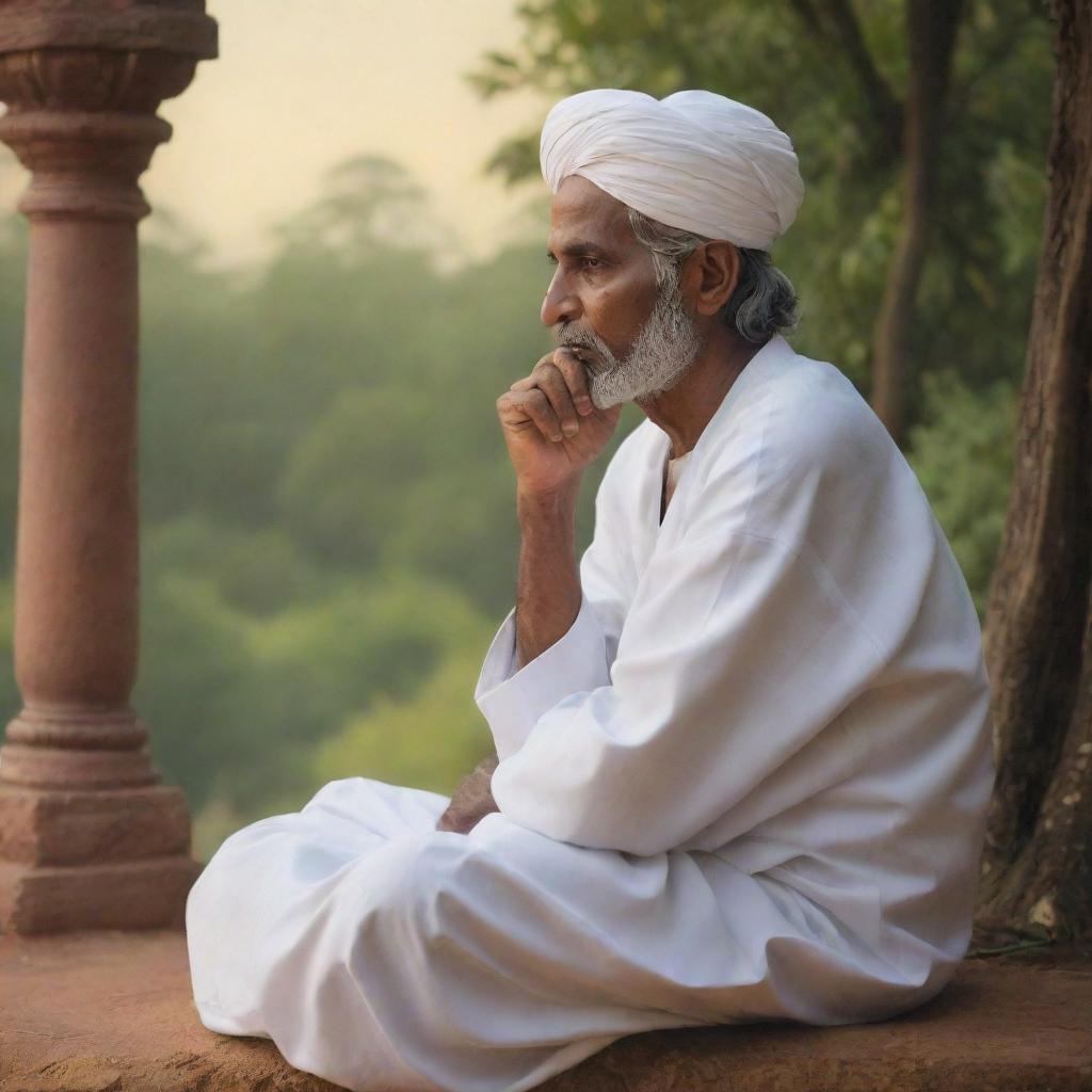 A depiction of a wise man from Sri Valli Pura, deep in thought, strategizing a plan to reunite the Tamil, Sinhala, Muslim, and Christian communities, encapsulated by a serene and hopeful atmosphere.