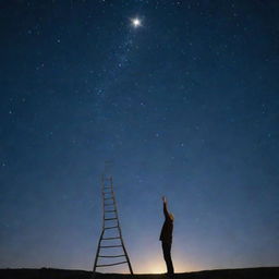 An elderly man balancing on an incredibly tall ladder, reaching towards the night sky to touch a sparkling star.