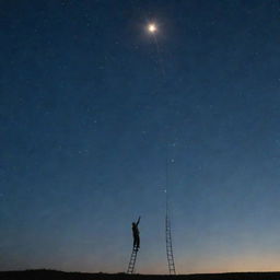 An elderly man balancing on an incredibly tall ladder, reaching towards the night sky to touch a sparkling star.