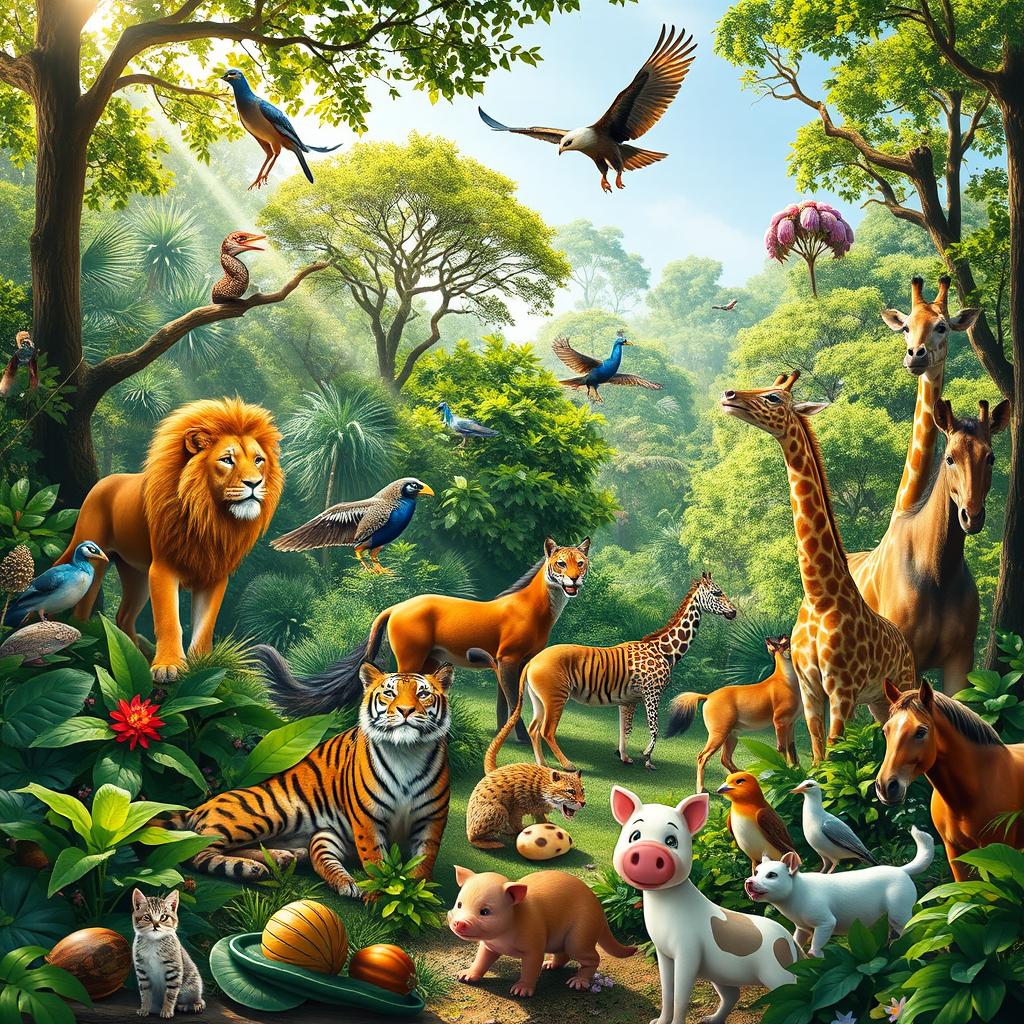 A vibrant scene in a sunlit forest where a diverse gathering of animals can be seen