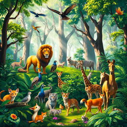 A vibrant scene in a sunlit forest where a diverse gathering of animals can be seen