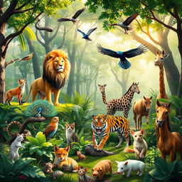 A vibrant scene in a sunlit forest where a diverse gathering of animals can be seen