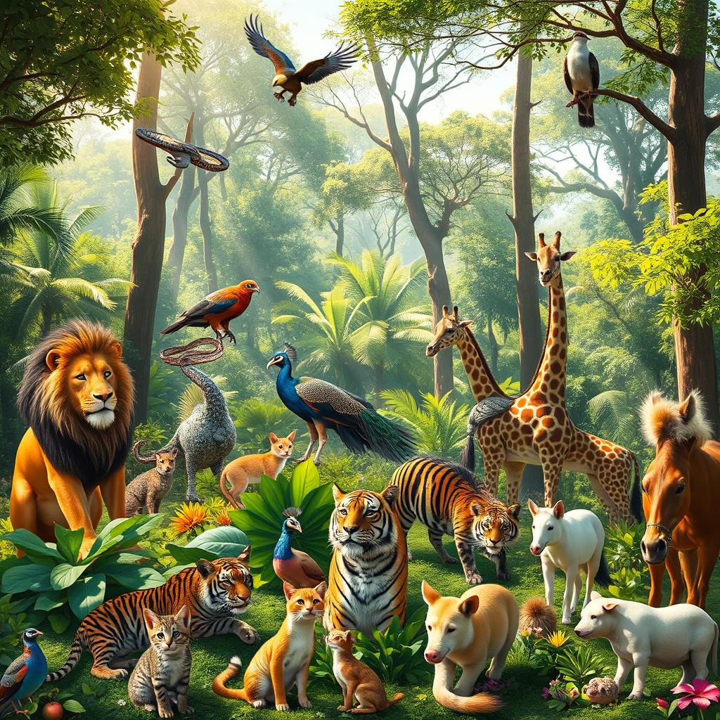 A vibrant scene in a sunlit forest where a diverse gathering of animals can be seen