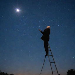 An elderly man balancing on an incredibly tall ladder, reaching towards the night sky to touch a sparkling star.