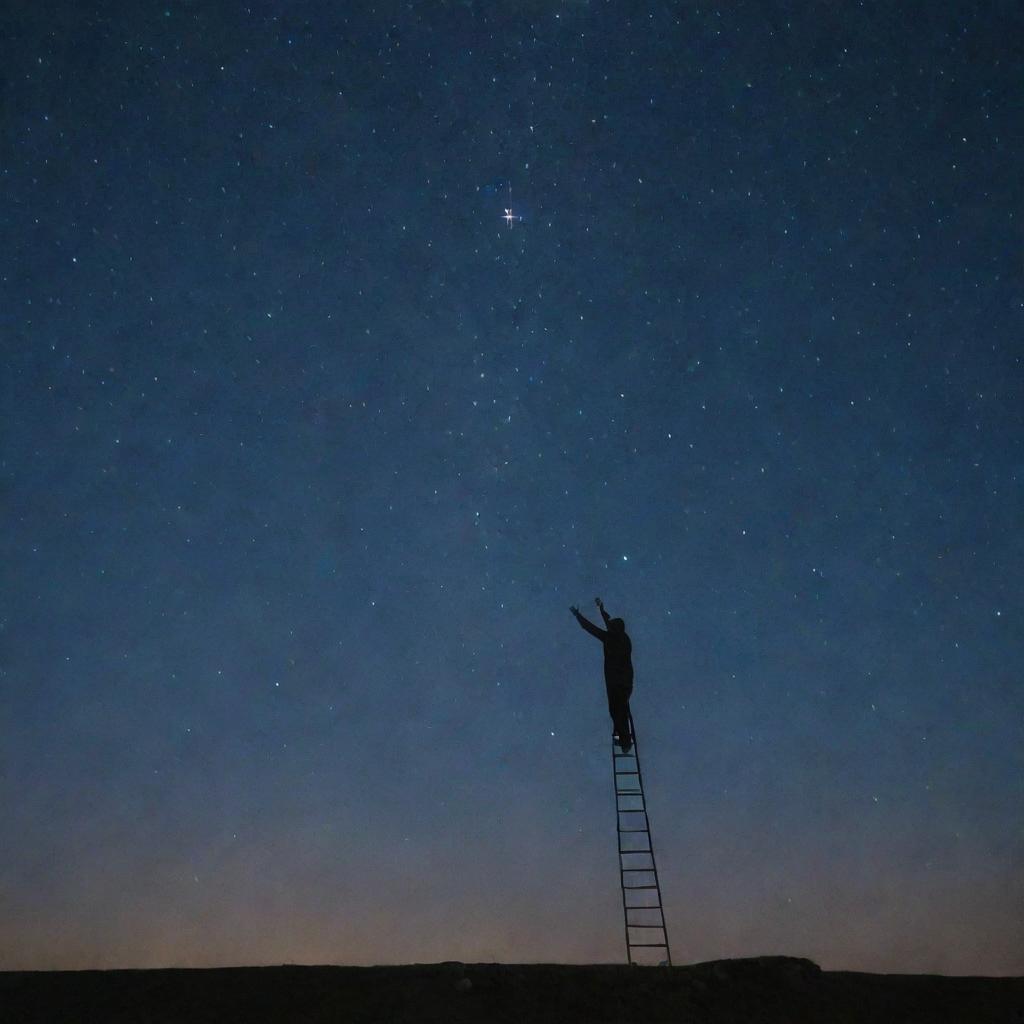 An elderly man balancing on an incredibly tall ladder, reaching towards the night sky to touch a sparkling star.