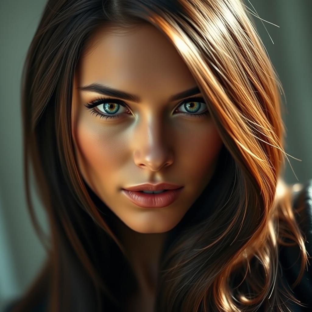 A stunning brunette woman with mesmerizing green eyes