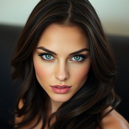 A stunning brunette woman with mesmerizing green eyes