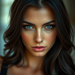 A stunning brunette woman with mesmerizing green eyes