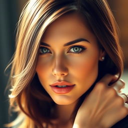 A stunning brunette woman with mesmerizing green eyes