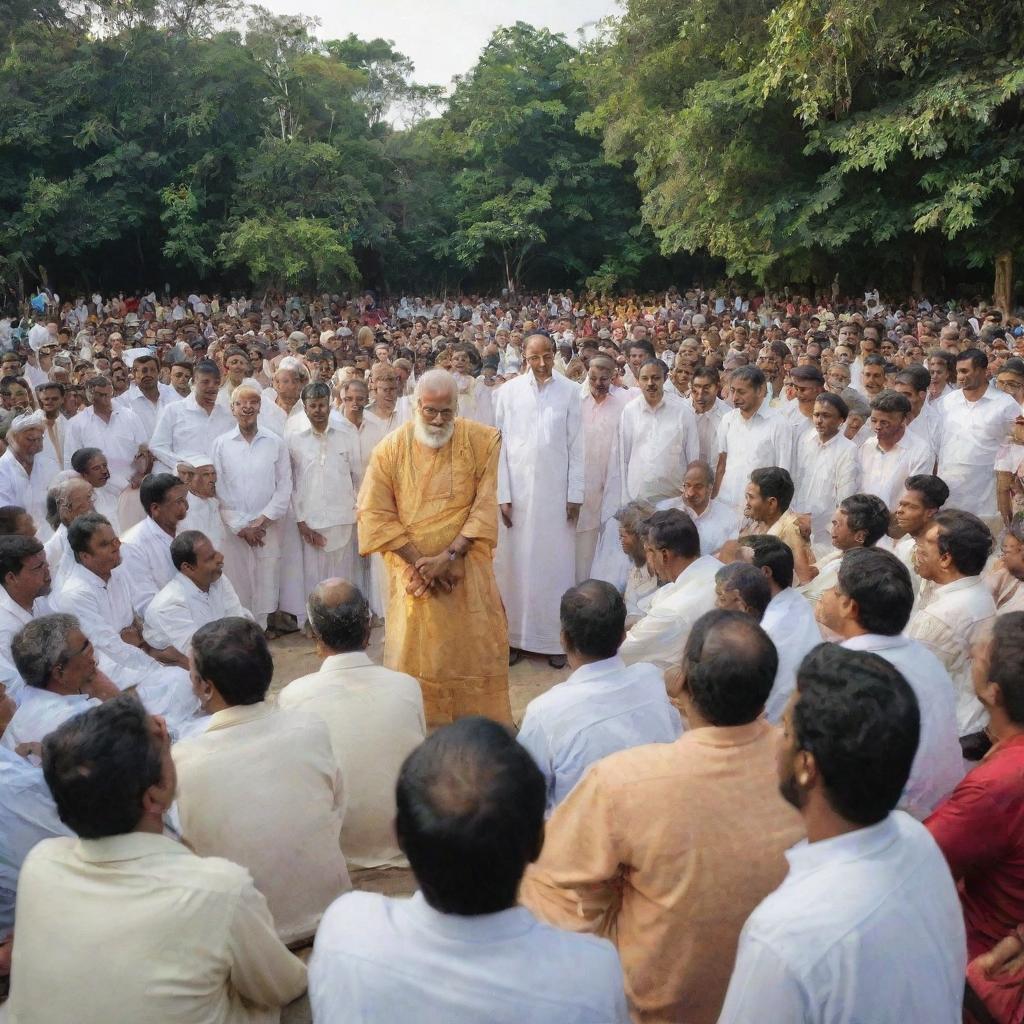 Illustrate a scene where the wise man of Sri Valli Pura arranges a public meeting, packed with diverse community members from Tamil, Sinhala, Muslim, and Christian populations, under a banner symbolizing unity and peace.