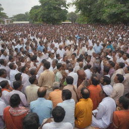 Illustrate a scene where the wise man of Sri Valli Pura arranges a public meeting, packed with diverse community members from Tamil, Sinhala, Muslim, and Christian populations, under a banner symbolizing unity and peace.