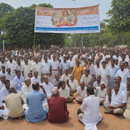 Illustrate a scene where the wise man of Sri Valli Pura arranges a public meeting, packed with diverse community members from Tamil, Sinhala, Muslim, and Christian populations, under a banner symbolizing unity and peace.