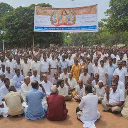 Illustrate a scene where the wise man of Sri Valli Pura arranges a public meeting, packed with diverse community members from Tamil, Sinhala, Muslim, and Christian populations, under a banner symbolizing unity and peace.