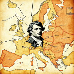 A shattered map of Europe depicting the year 1815 with Napoleon Bonaparte's face prominently in the center