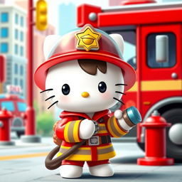 A cute and adorable anthropomorphic character resembling Hello Kitty dressed as a firefighter