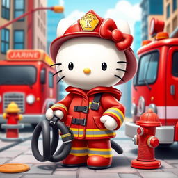 A cute and adorable anthropomorphic character resembling Hello Kitty dressed as a firefighter