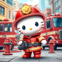 A cute and adorable anthropomorphic character resembling Hello Kitty dressed as a firefighter