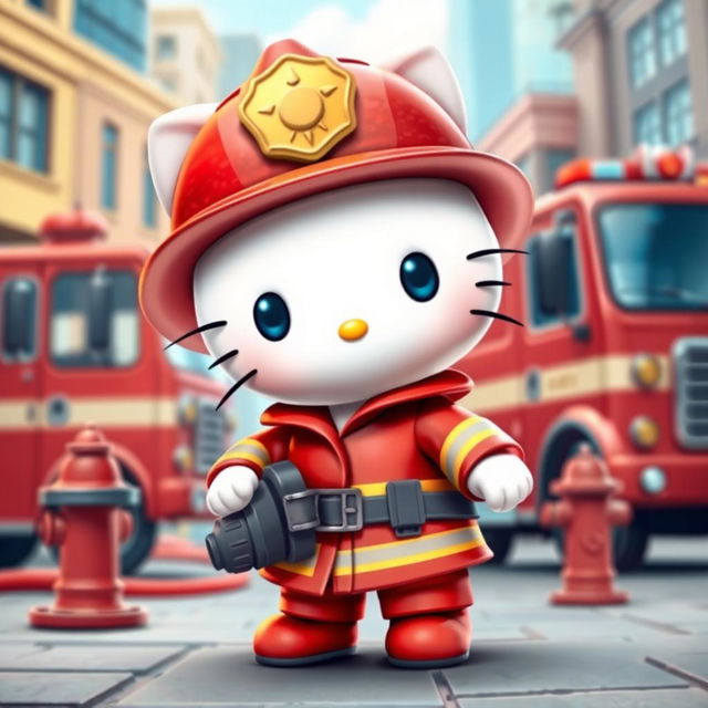 A cute and adorable anthropomorphic character resembling Hello Kitty dressed as a firefighter