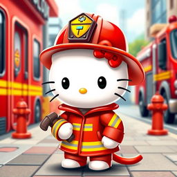 A cute and adorable anthropomorphic character resembling Hello Kitty dressed as a firefighter