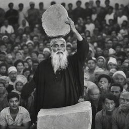 A dramatic image of the wise man at the public meeting, holding up a heavy stone, symbolizing the burden of disunity, amidst an audience captivated by the powerful metaphor.