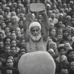 A dramatic image of the wise man at the public meeting, holding up a heavy stone, symbolizing the burden of disunity, amidst an audience captivated by the powerful metaphor.